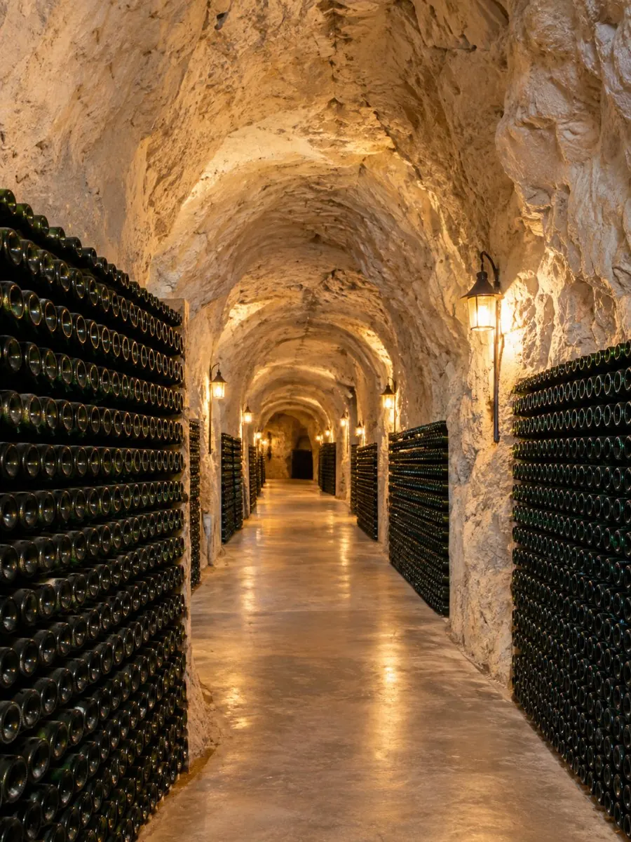 Una galería de bodega de tiza alineada con botellas e iluminada por lámparas cálidas