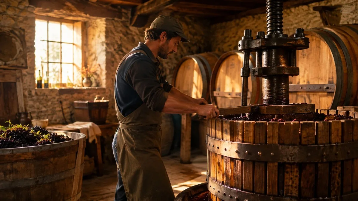 A grower standing in a small press house with oak casks and a stone floor