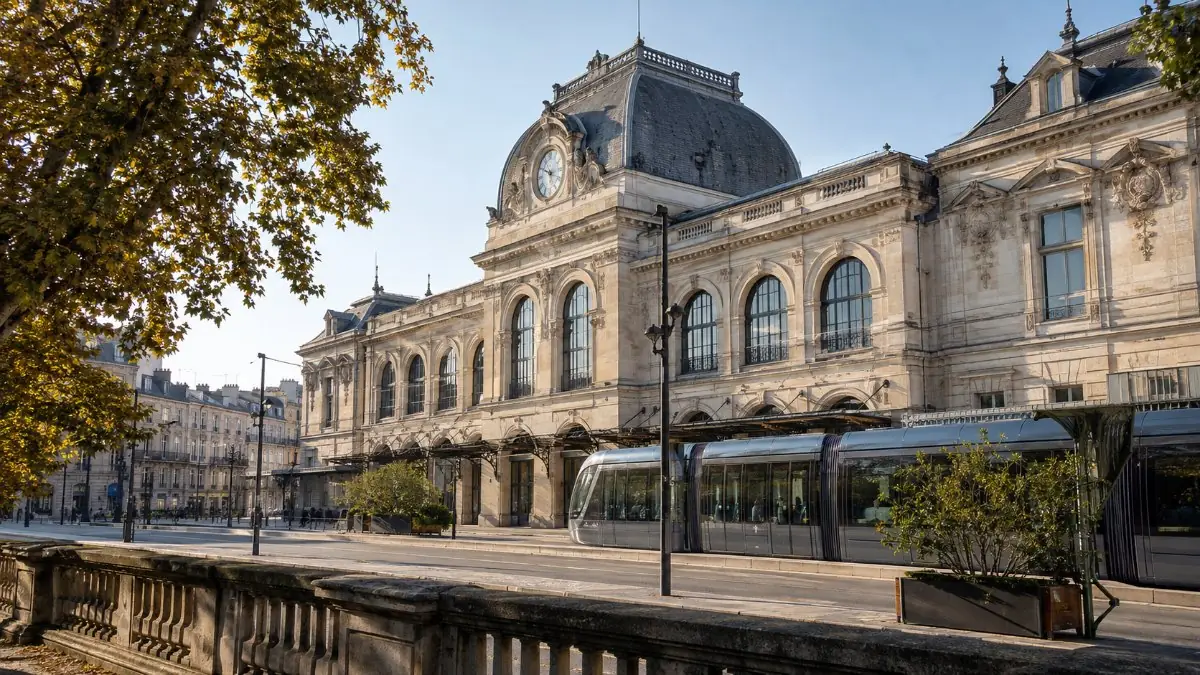 The stone and glass front of Reims railway station on a clear day