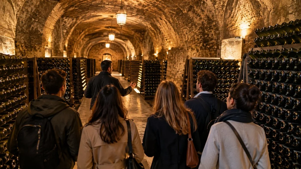 Un guía liderando un grupo pequeño a través de una bodega de tiza iluminada por lámparas y llena de botellas