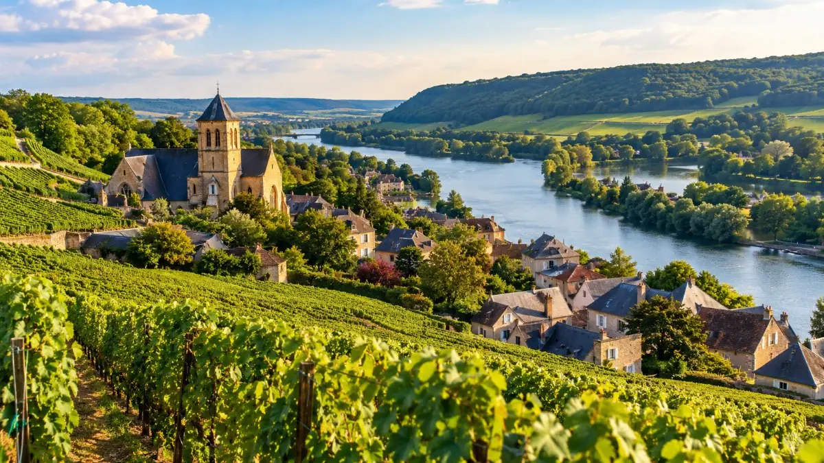 Weinberghänge, die zum Marnetal hinabfallen, unter einem Hügeldorf mit einer Kirche