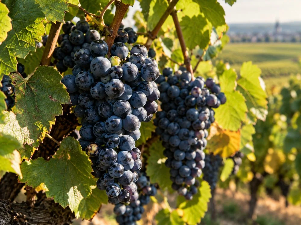 Racimos maduros de uvas Pinot Noir en la vid durante la época de la vendimia