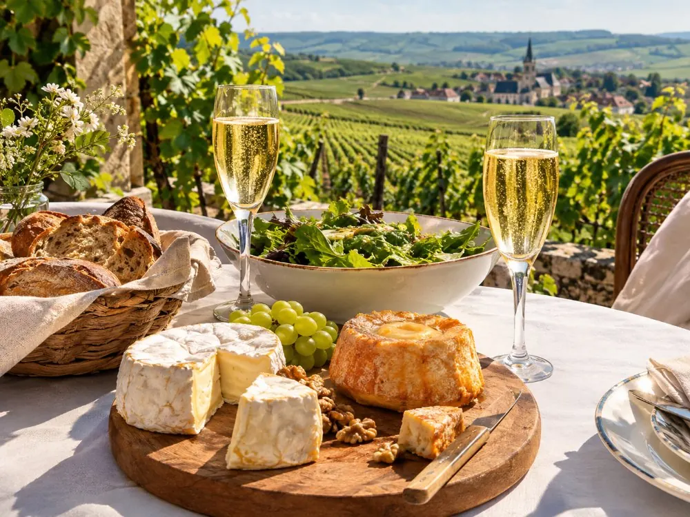 A lunch table with Champagne, cheese and bread on a vineyard terrace