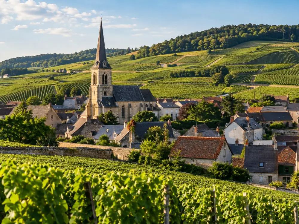 Ein kleines Weindorf mit einem Kirchturm zwischen grünen Weinbergen